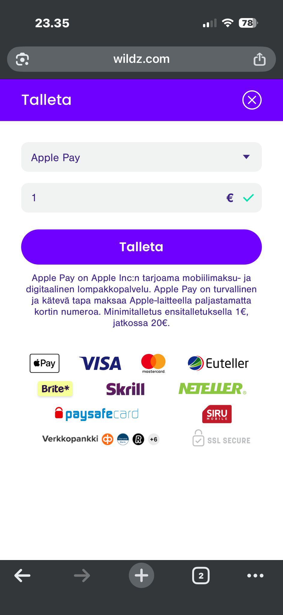 Apple Pay talletusikkuna nettikasinolla
