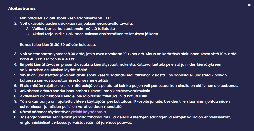 Bonusehdot esimerkki
