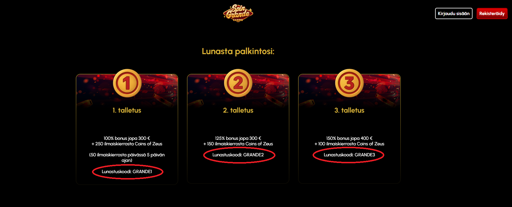 Spin Grande Casino bonuskoodit GRANDE1, GRANDE2 ja GRANDE3