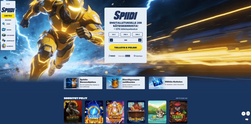 Spiidi Casino on Curacao pikakasino, jossa talletus onnistuu suoraan etusivulta
