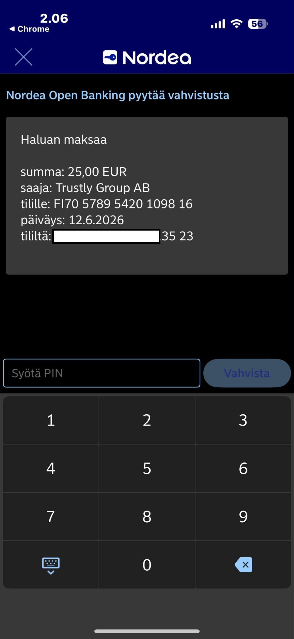 Hupi Slots talletuksen vahvistus Nordeassa