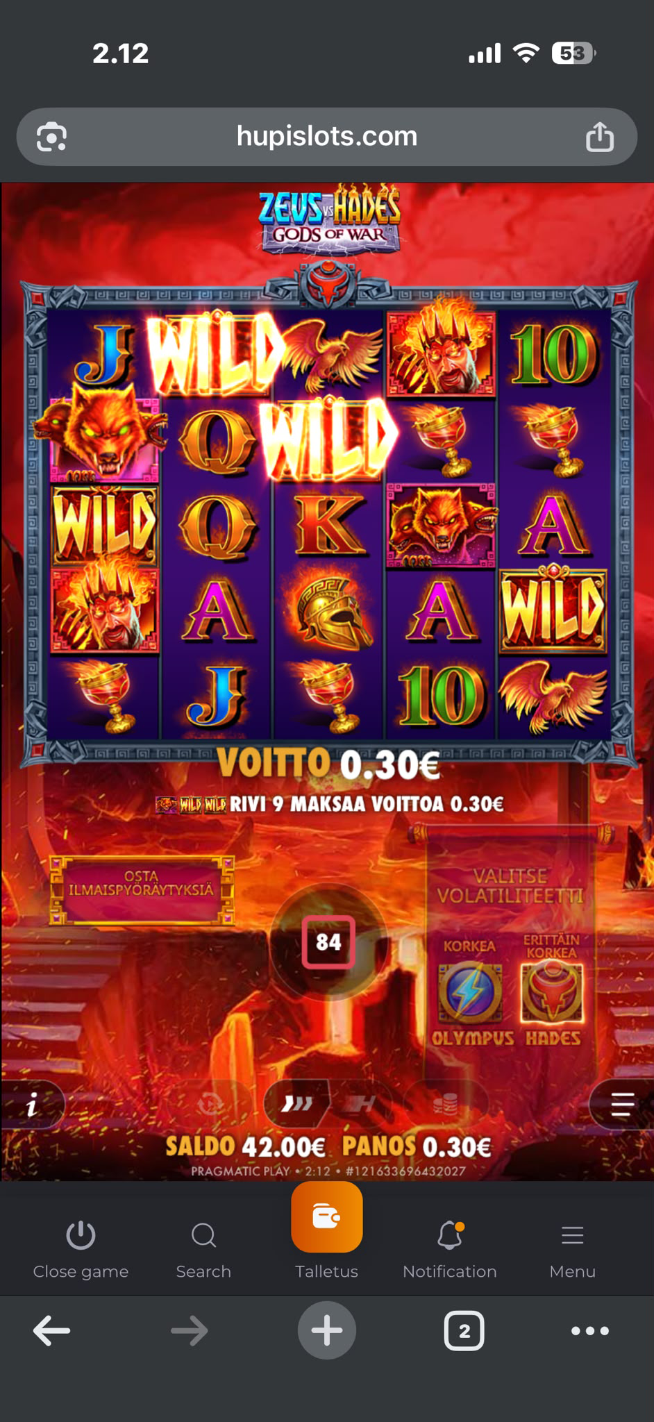 Hupi Slots Zeus VS Hades Gods of War -peli pelitilillä