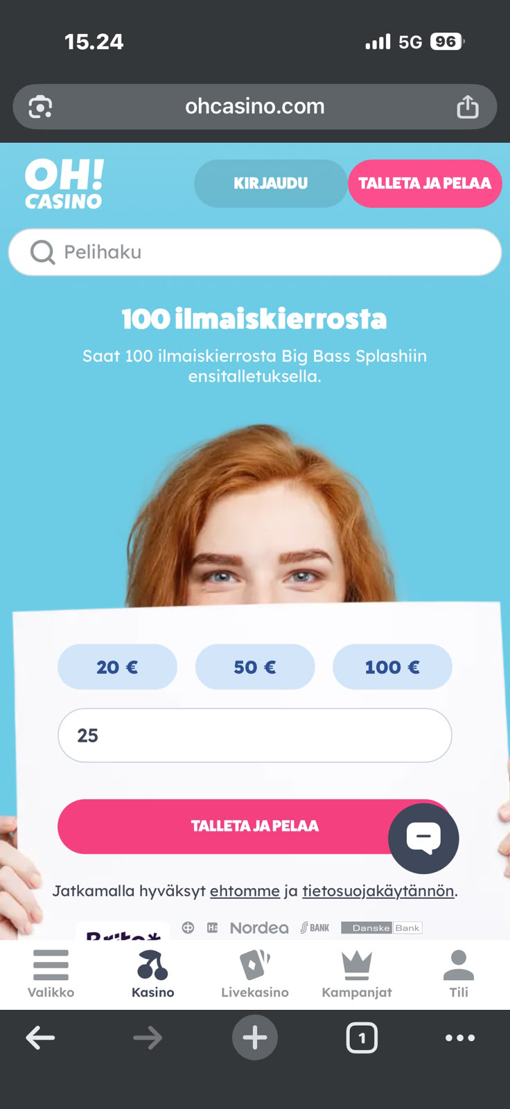 MGA-kasinon etusivun talletusikkuna