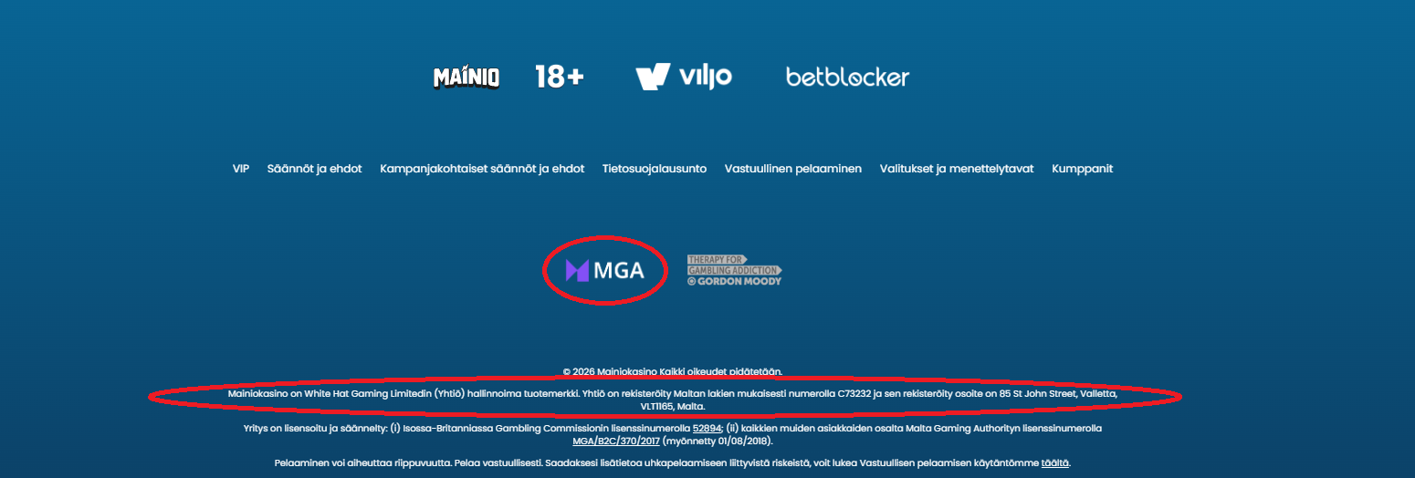 MGA-lisenssitiedot Mainio Kasinolla