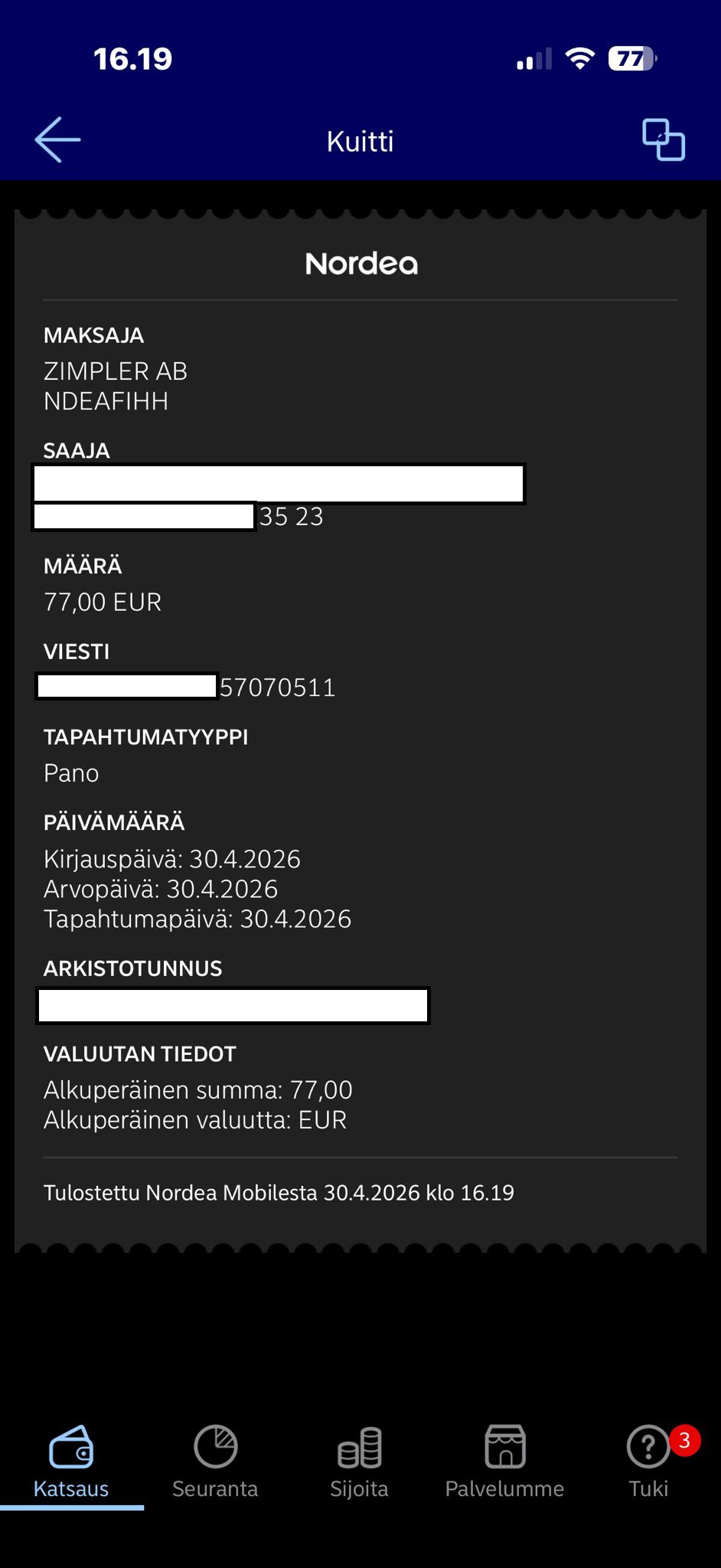 Kotiutus Nordean tilillä