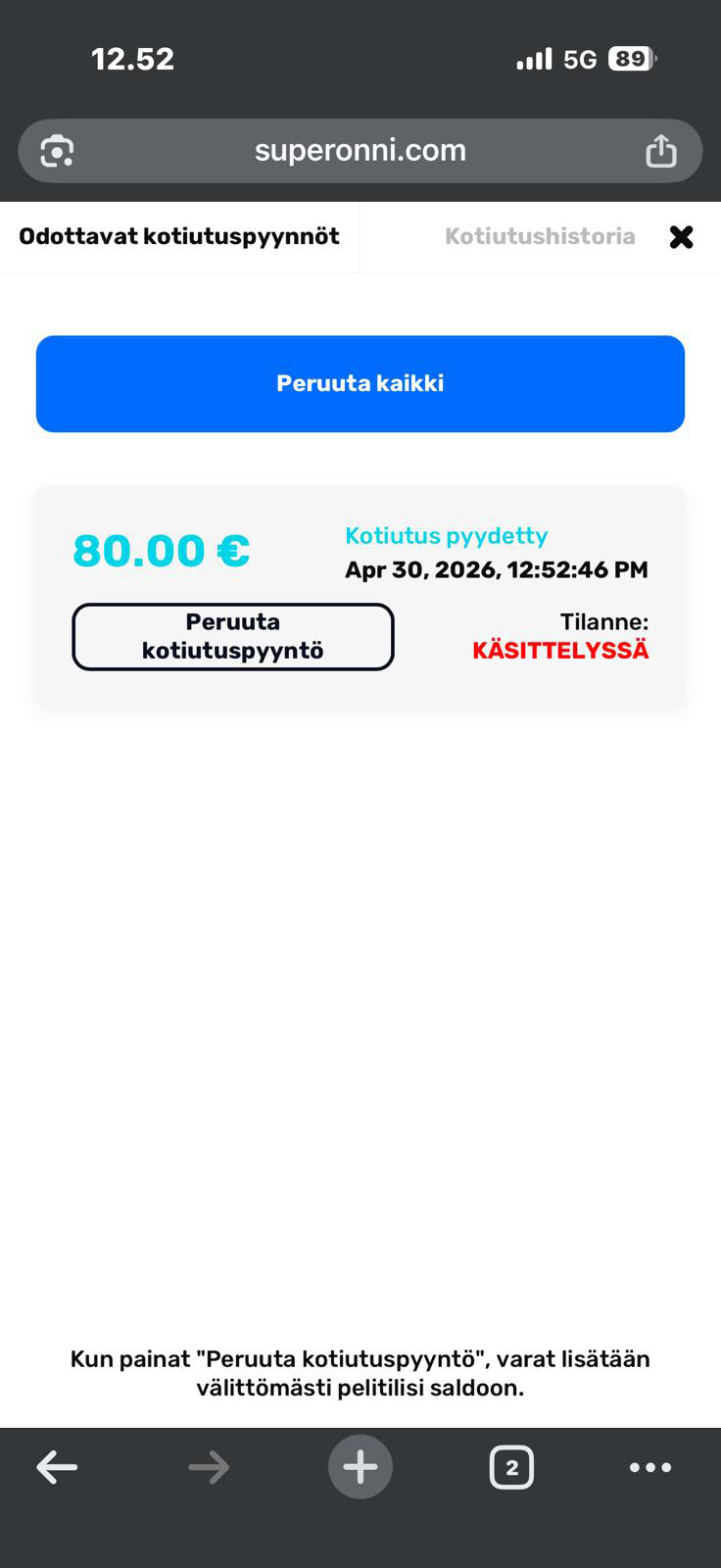 Kotiutuspyyntö käsittelyssä mobiilikasinolla