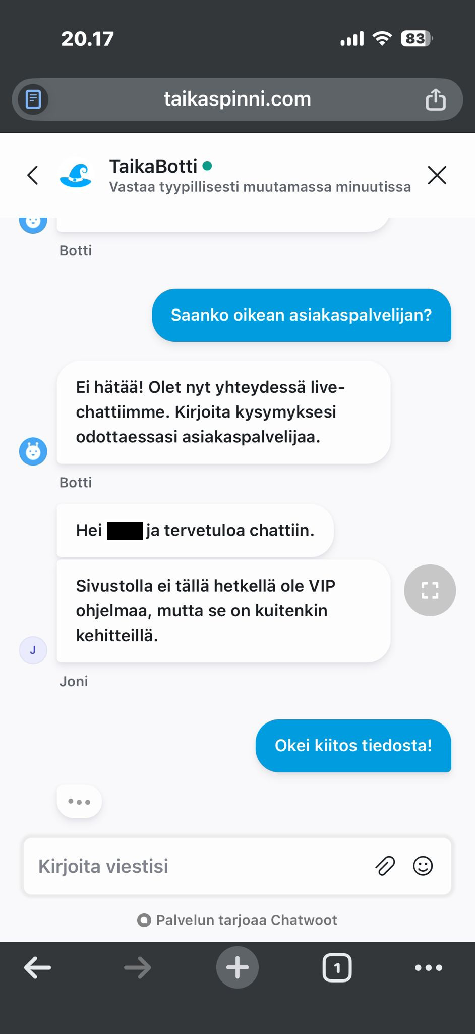 Asiakaspalvelijan vastaus nettikasinon live chatissa