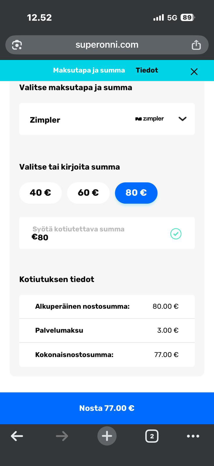 Nettikasinon kotiutuksesta peritty 3 euron kulu