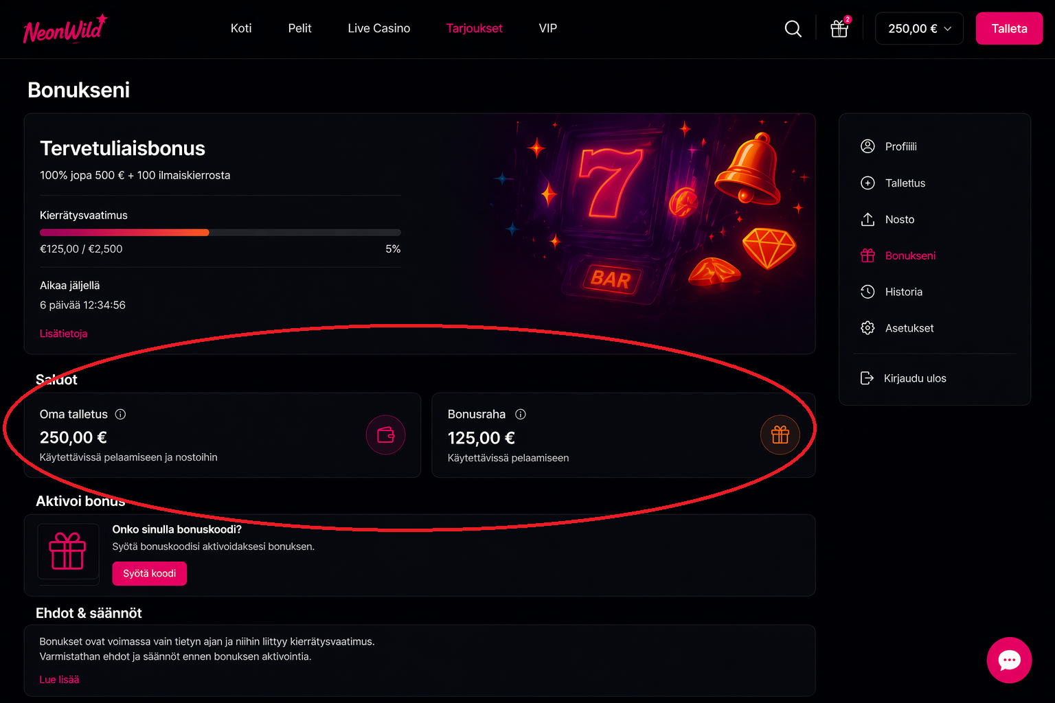 Tältä näyttää non sticky bonus saldossa