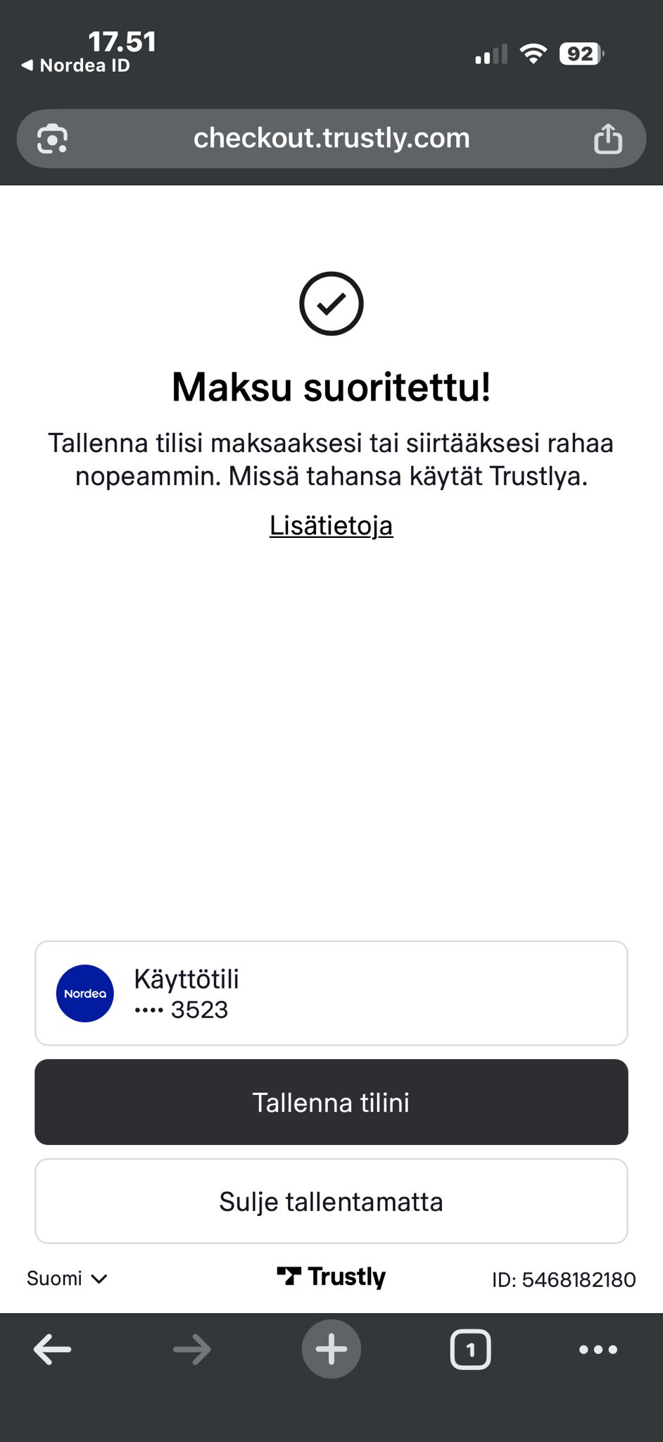 Nopea talletus suoritettu reaaliaikaisesti