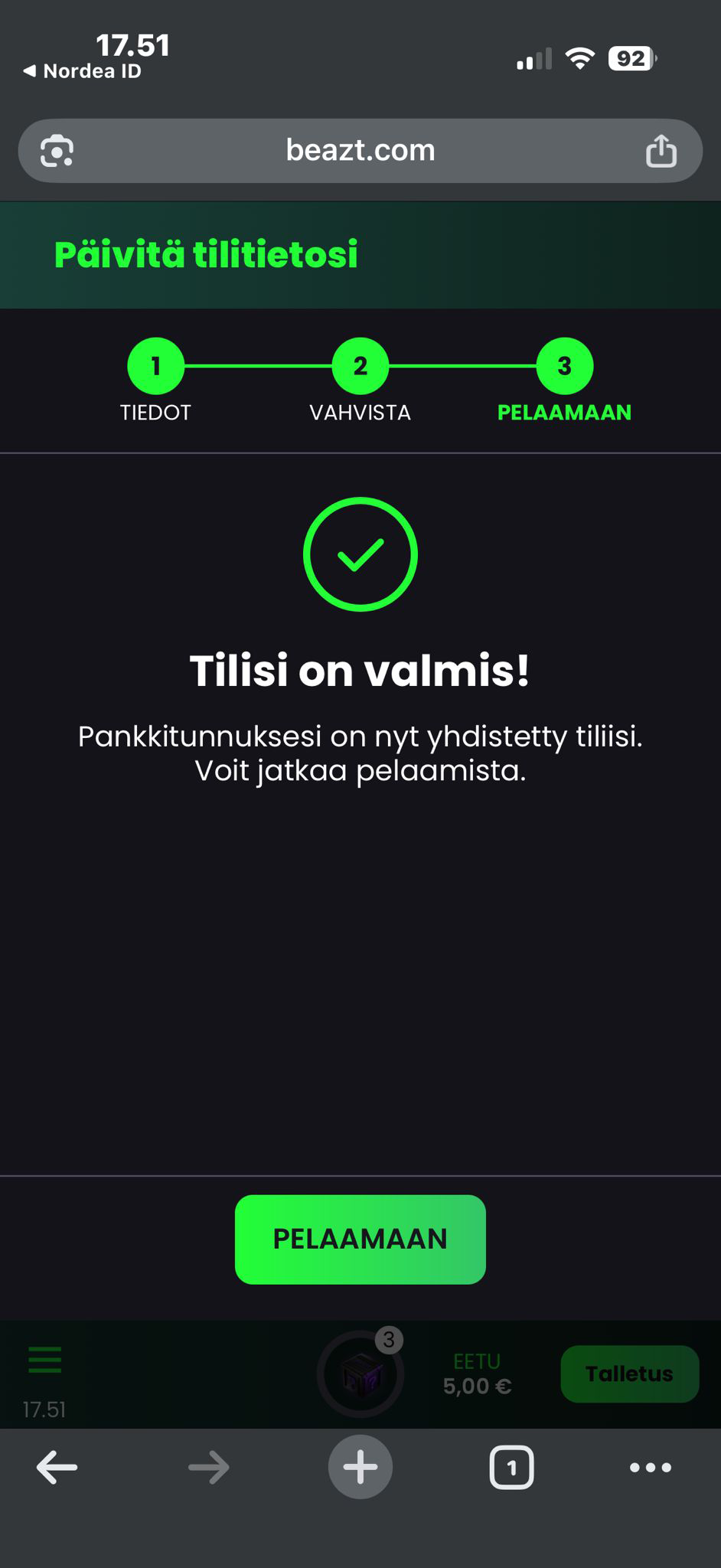 Pelitili valmis nopean talletuksen jälkeen