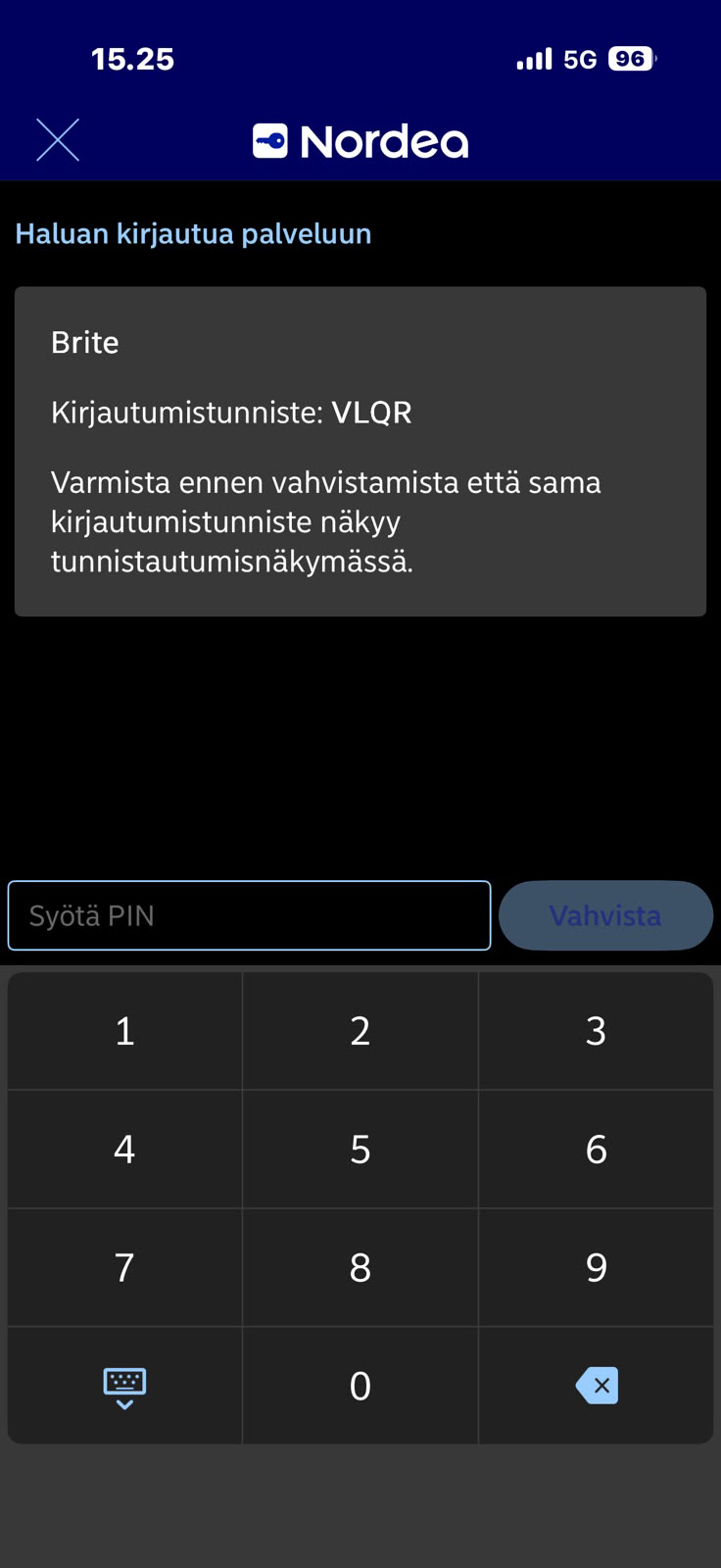Nordea Brite kirjautumistunnisteen vahvistus
