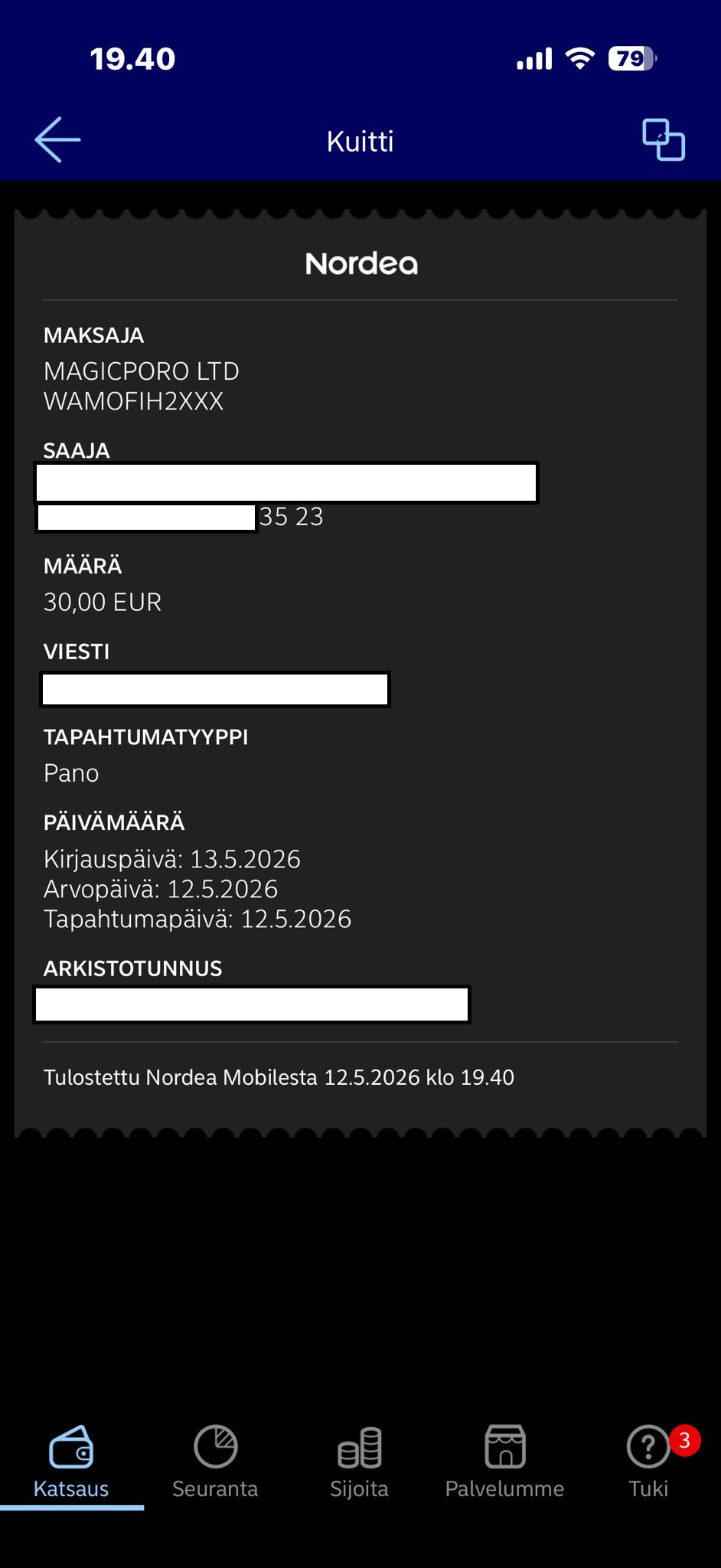 Nordea kotiutuskuitti verkkopankissa