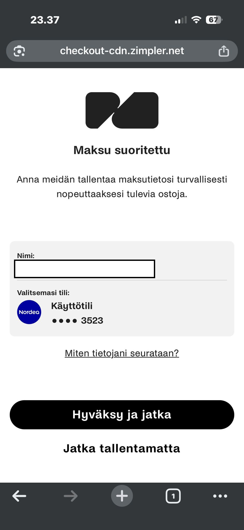 Nordea talletus suoritettu