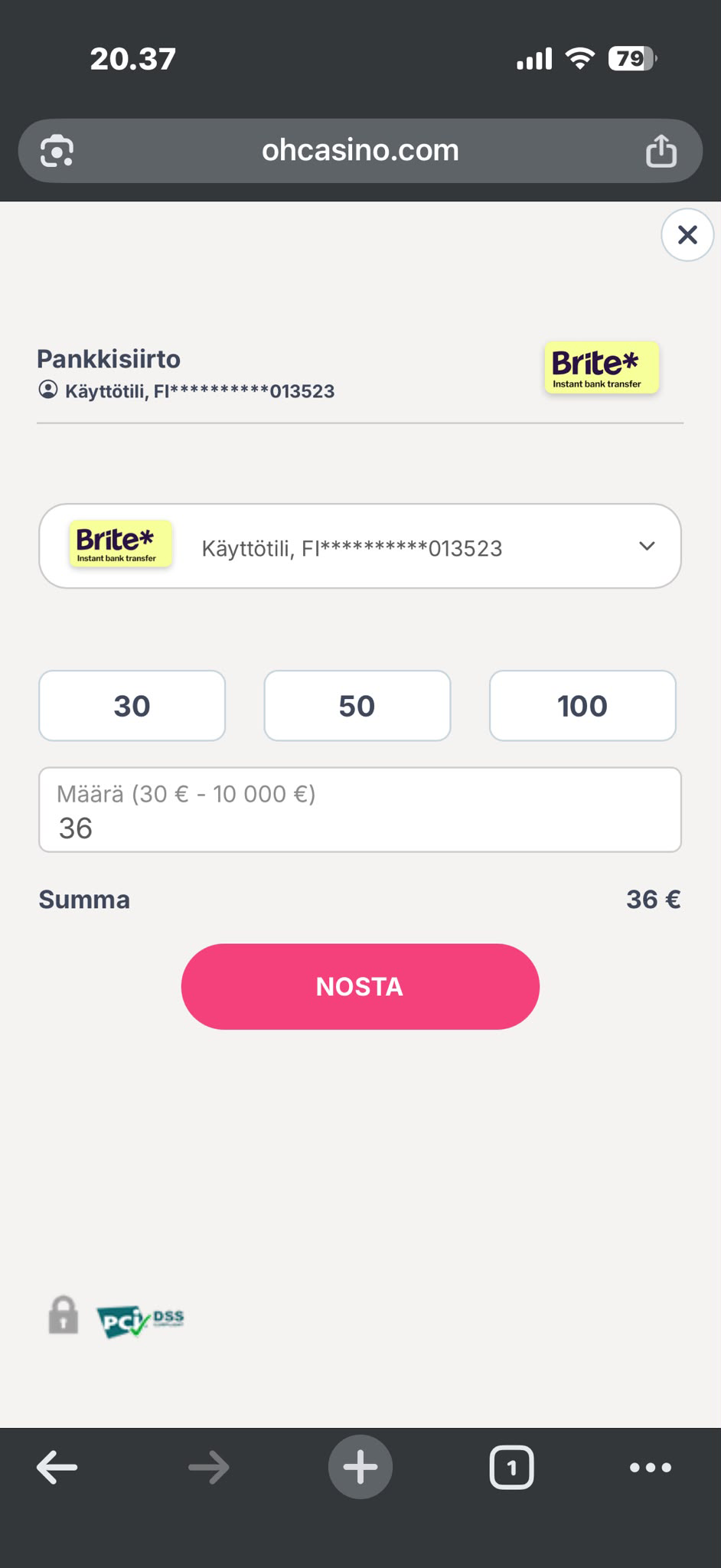 Oh Casino kotiutus