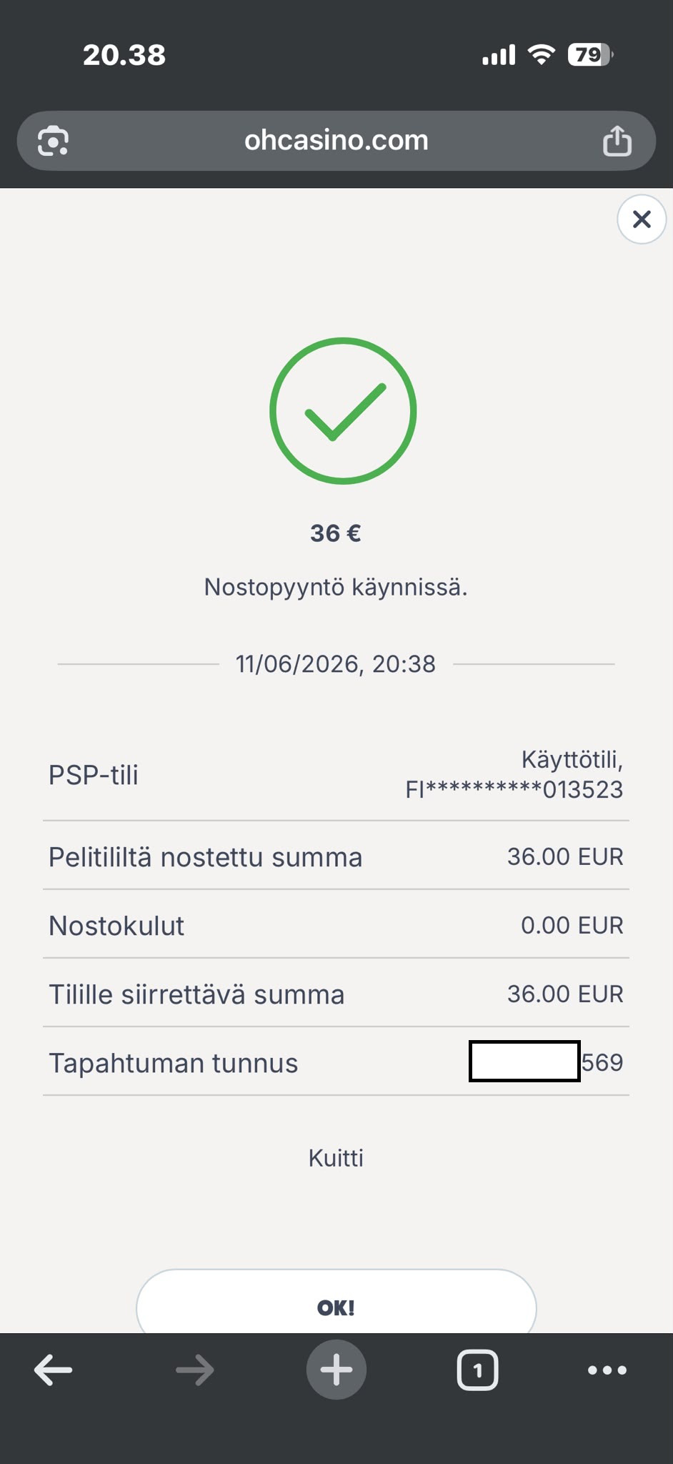 Oh Casino nostopyyntö käsittelyssä