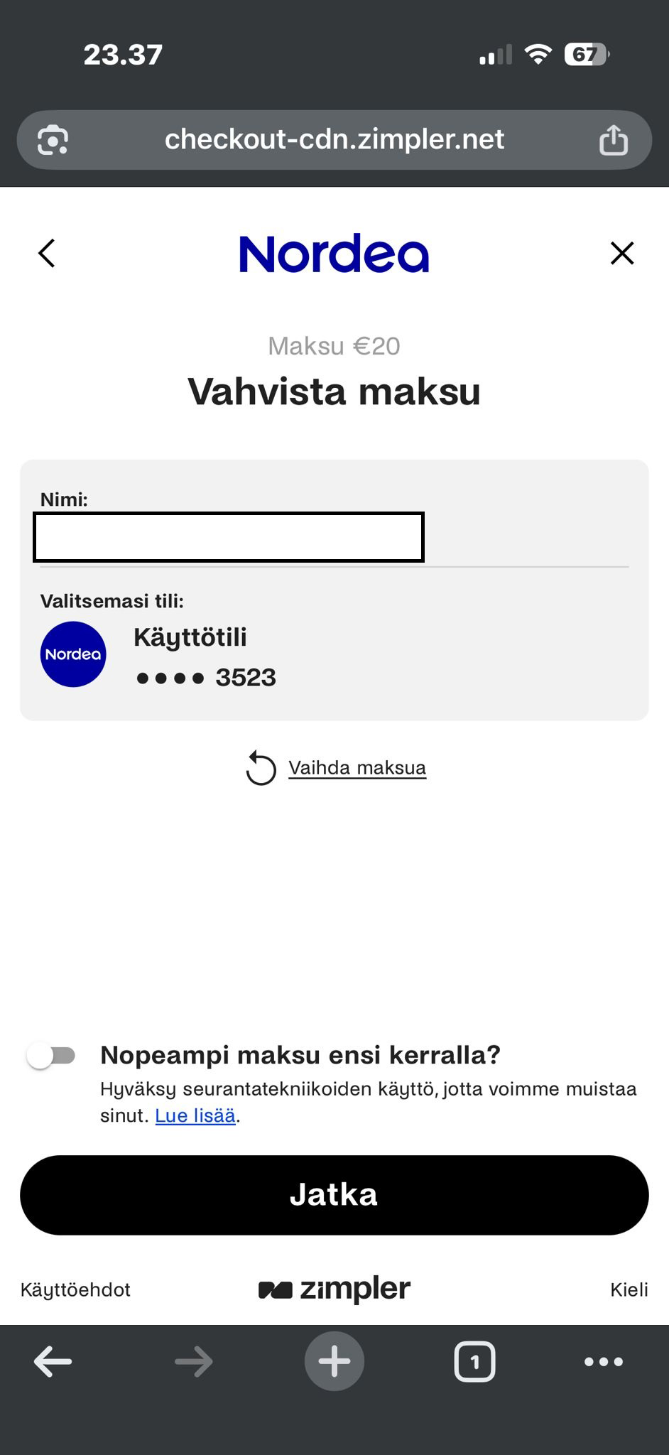 Pankkitilin valinta ja maksun vahvistus tilivapaalla kasinolla