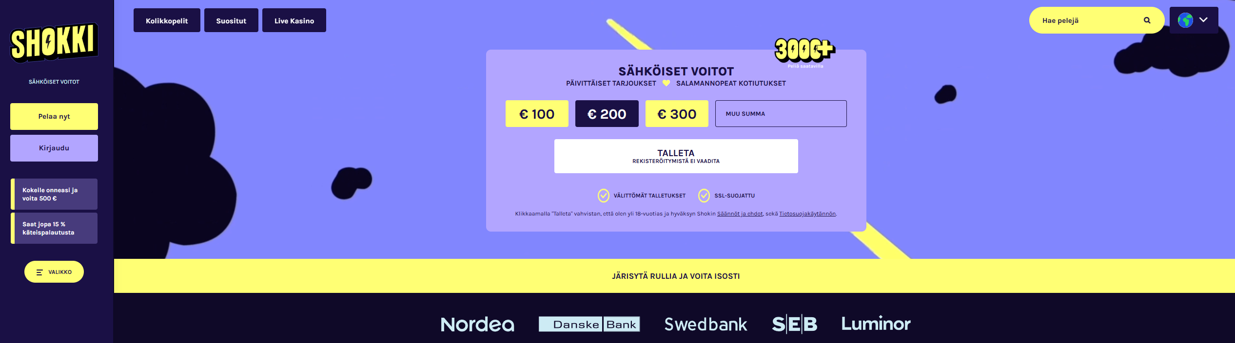 Pay N Play -talletuslomake pelikasinon etusivulla