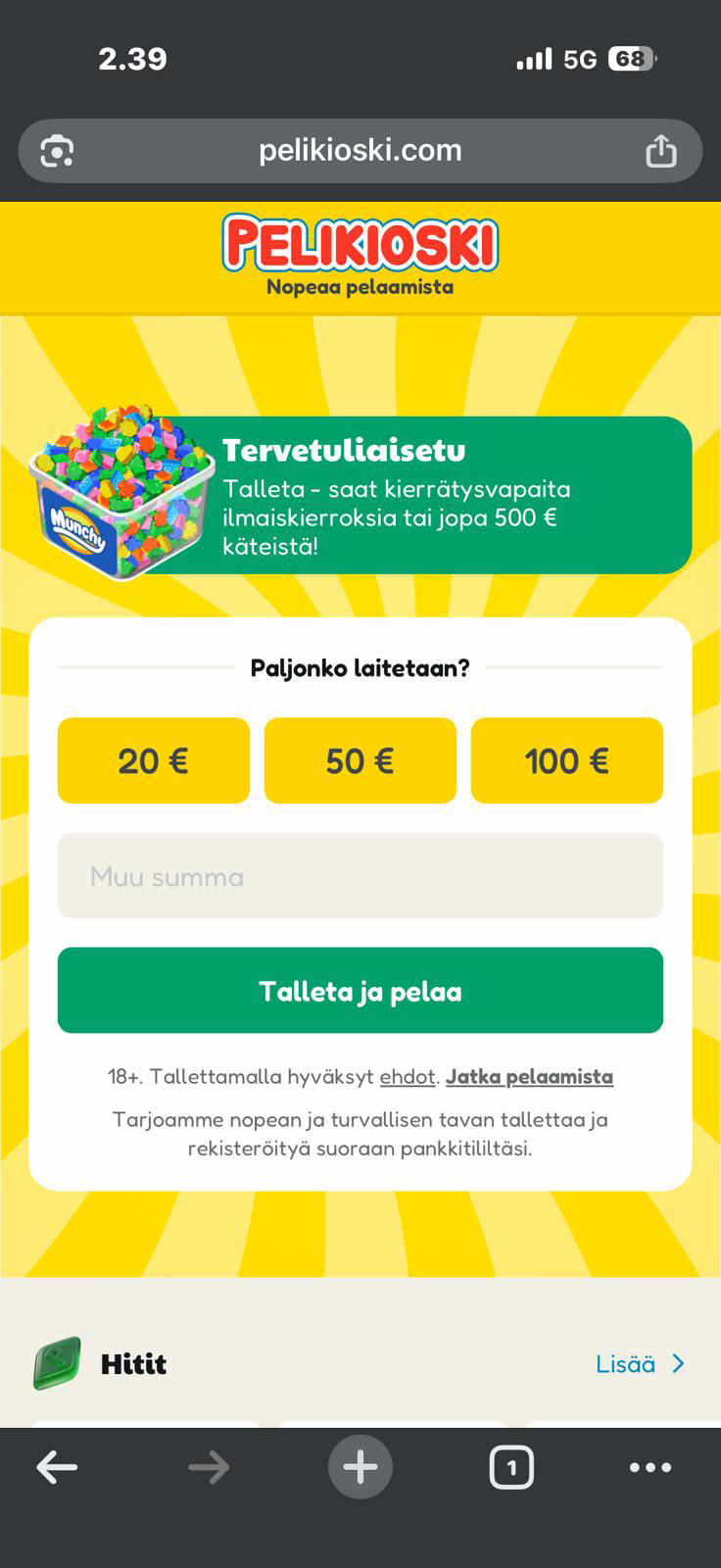 Pelikioski etusivu puhelimella