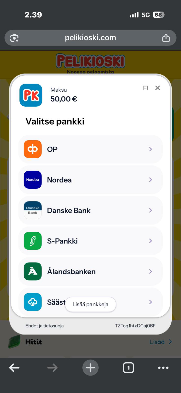Pelikioski talletusikkuna puhelimella