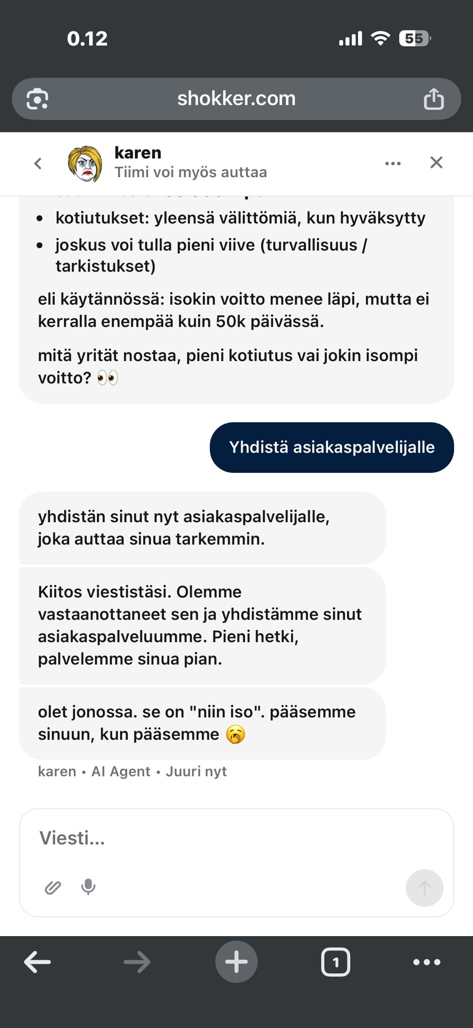 Shokker Casino live chat odottaa oikeaa asiakaspalvelijaa jonossa