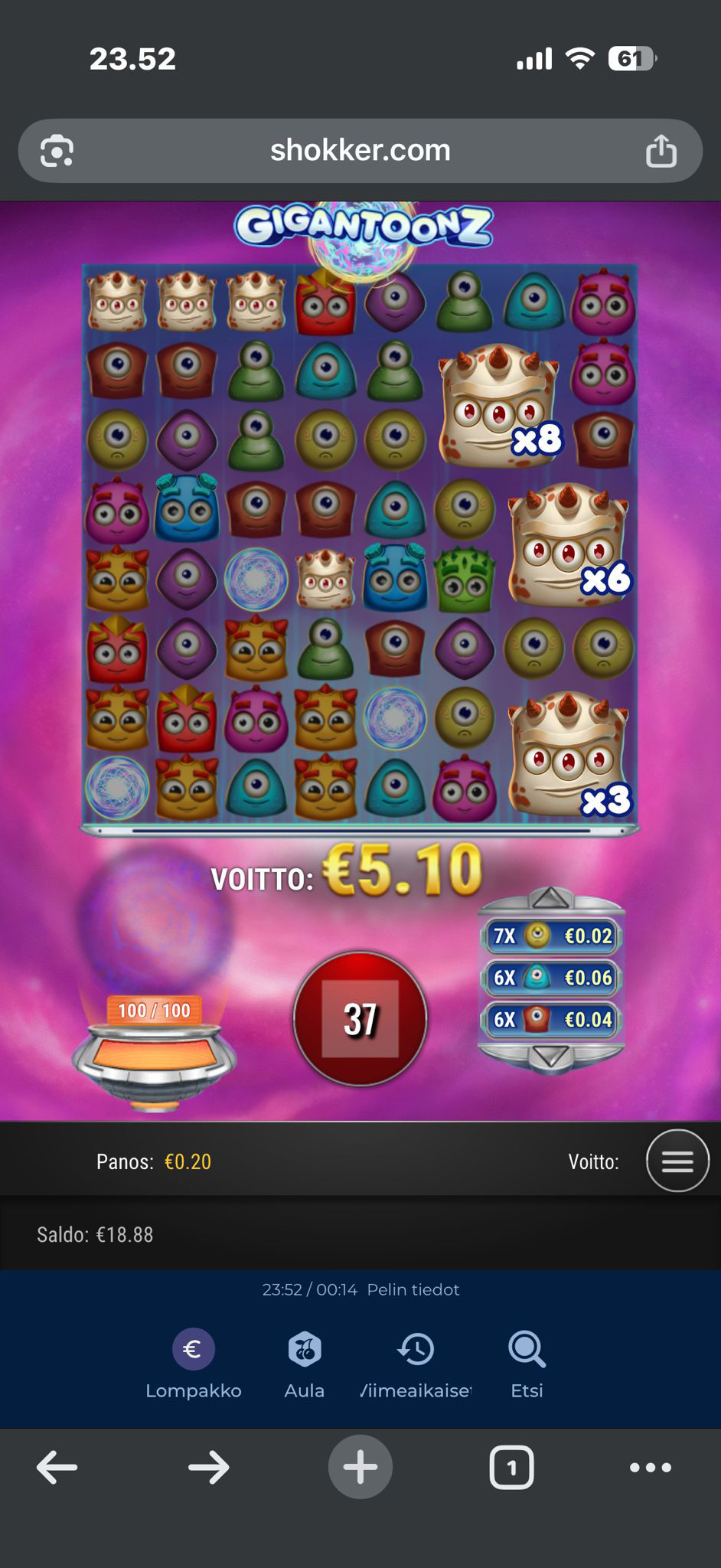 Shokker Casino Gigantoonz 5,10 € voitto pelitilillä