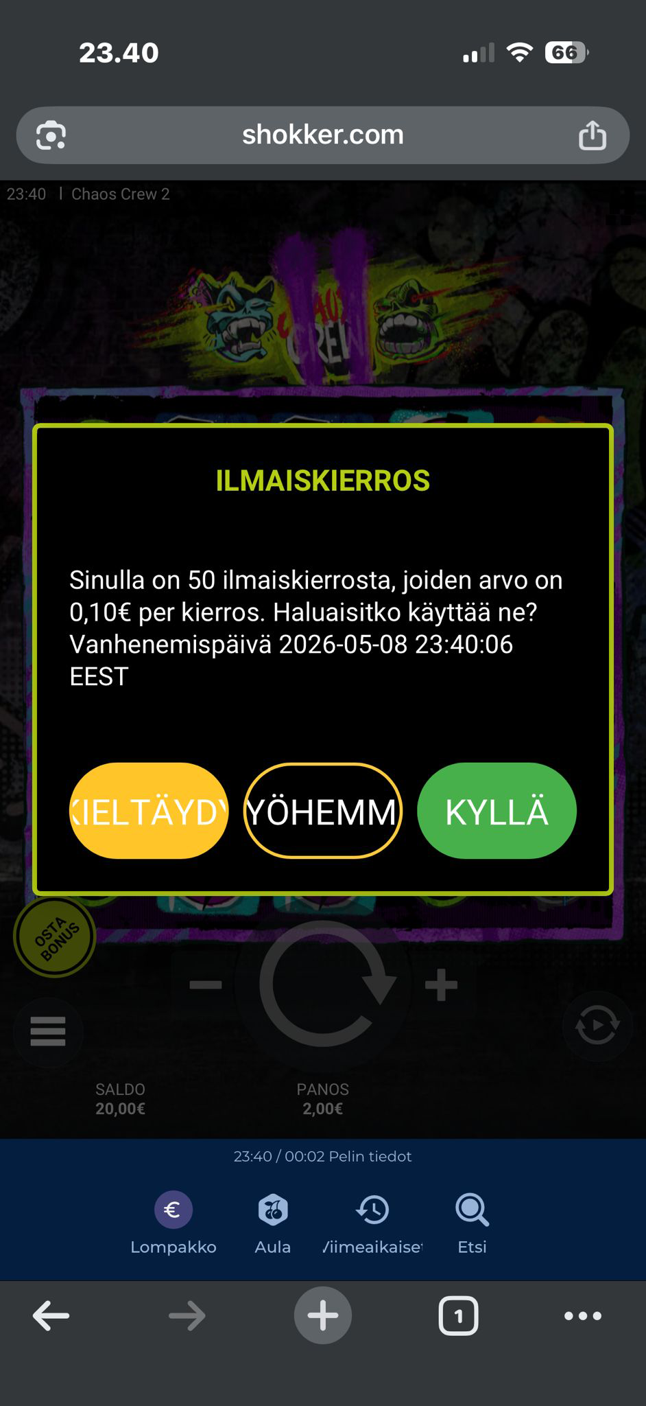 Shokker Casino ilmaiskierrokset pelitilin palkinnot-osiossa