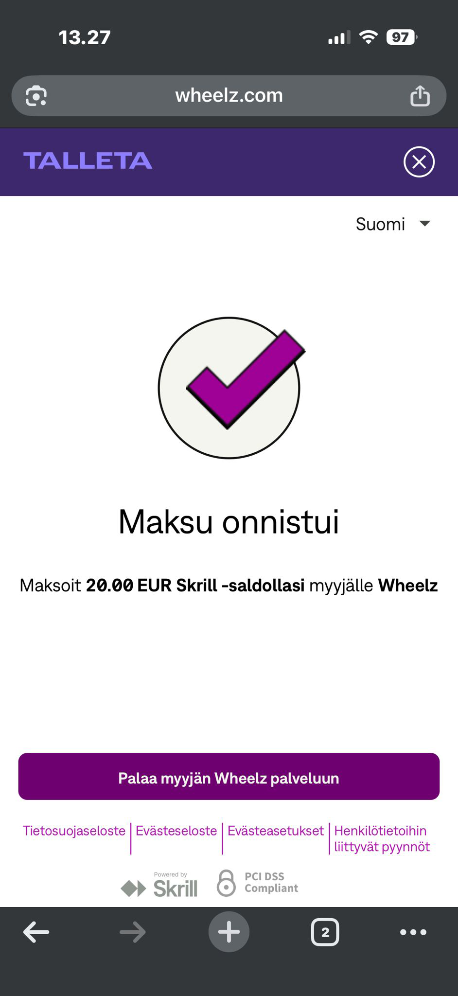 Skrill-talletus onnistui