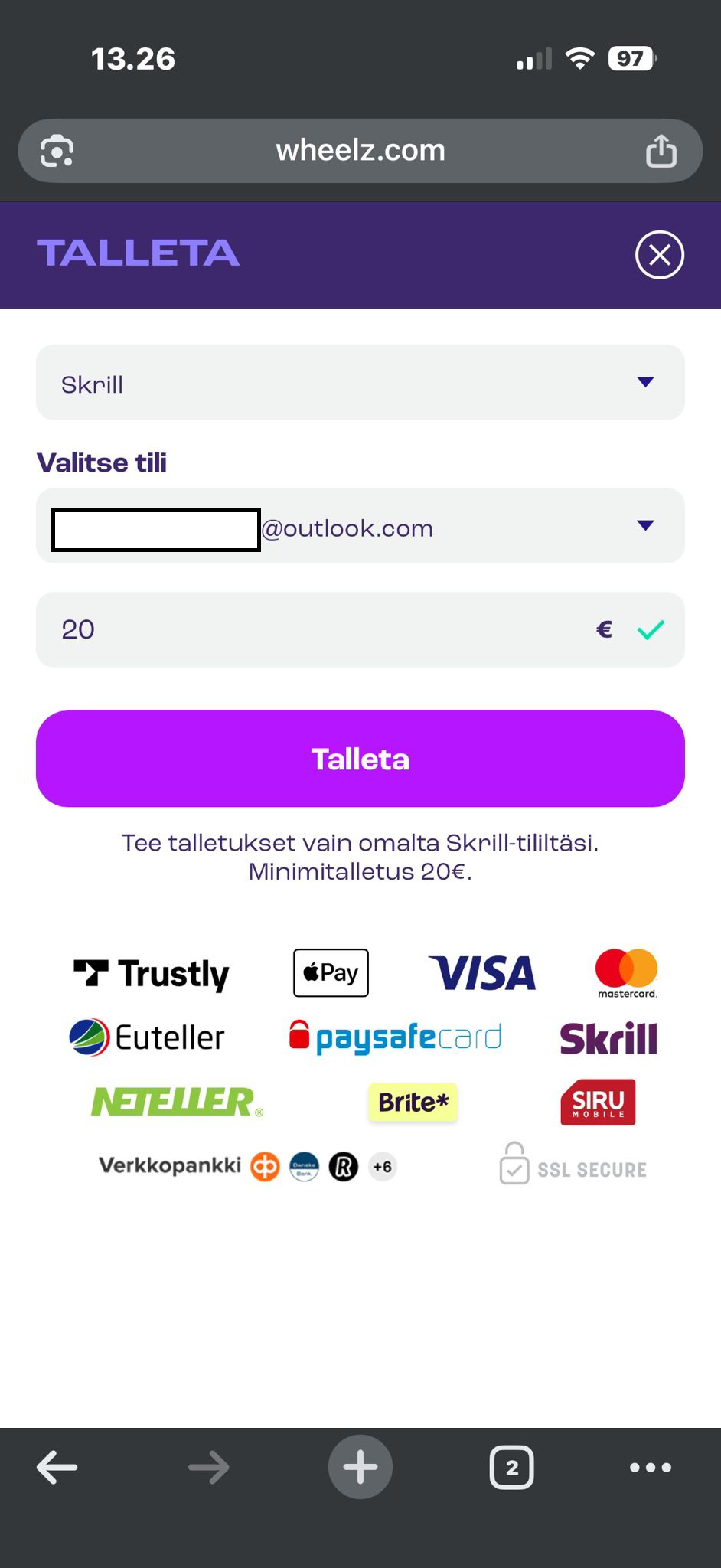 Skrill-talletusikkuna Wheelz Casinolla