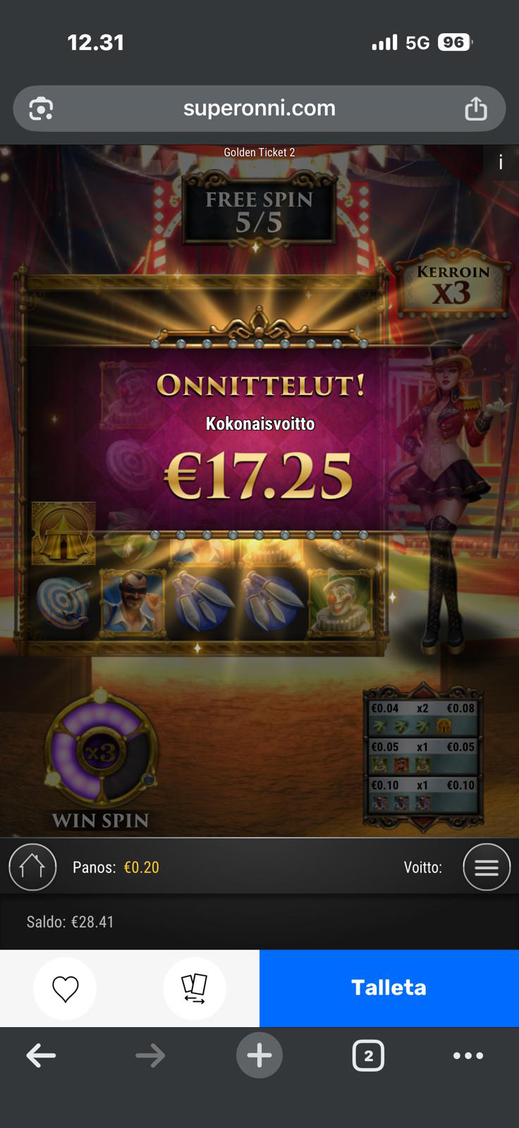 Super Onni Golden Ticket 2 voitto pelitilillä