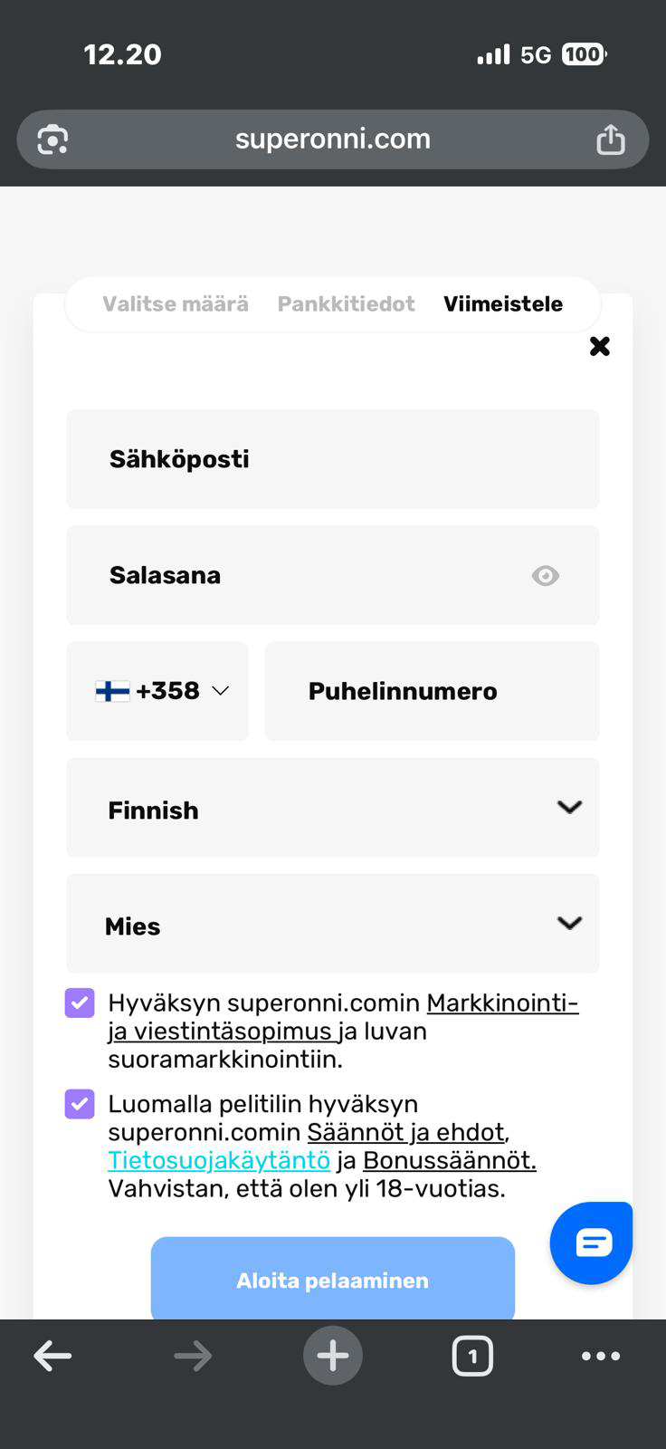 Super Onni kirjautumistietojen syöttäminen sähköposti ja salasana