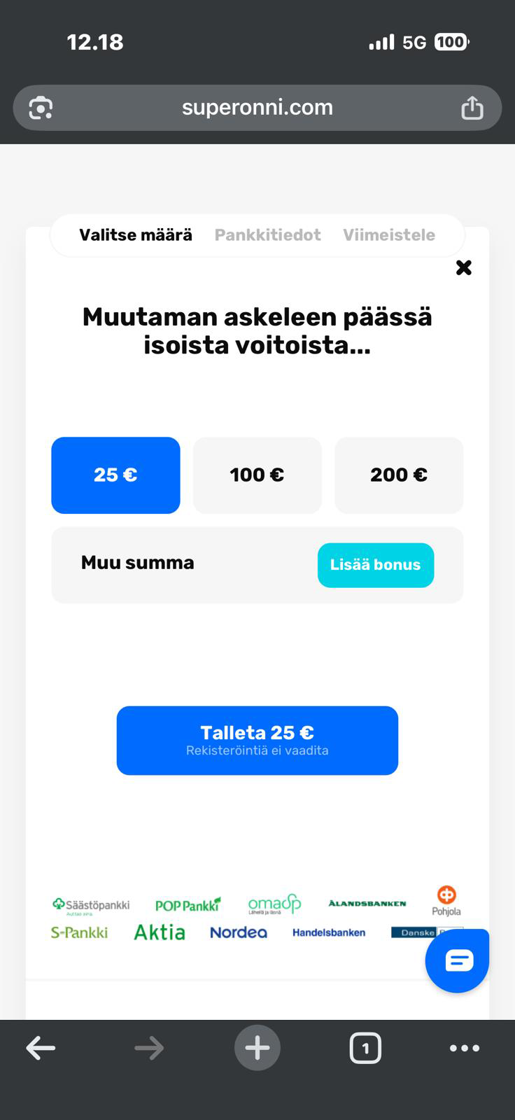 Super Onni talletusikkuna jossa syötetään talletuksen summa