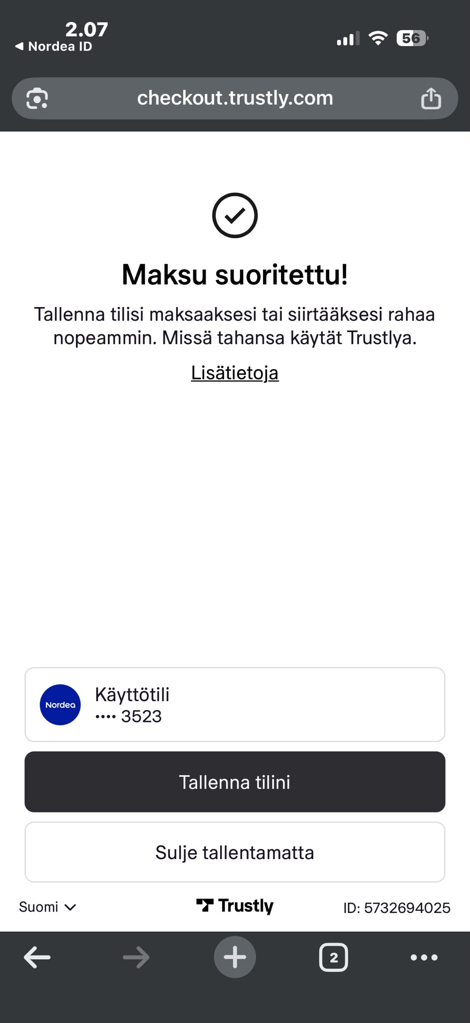 Trustly vahvistaa talletuksen suoritetuksi
