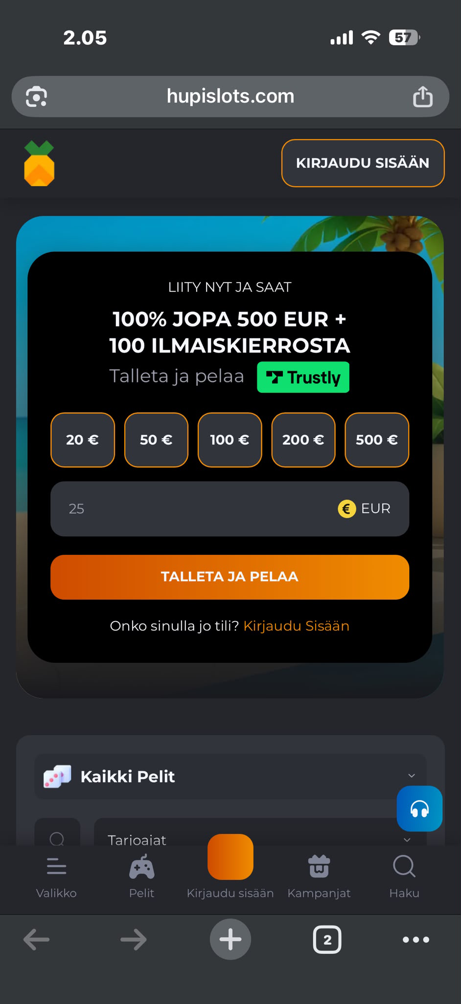 Talletusikkuna nettikasinon etusivulla