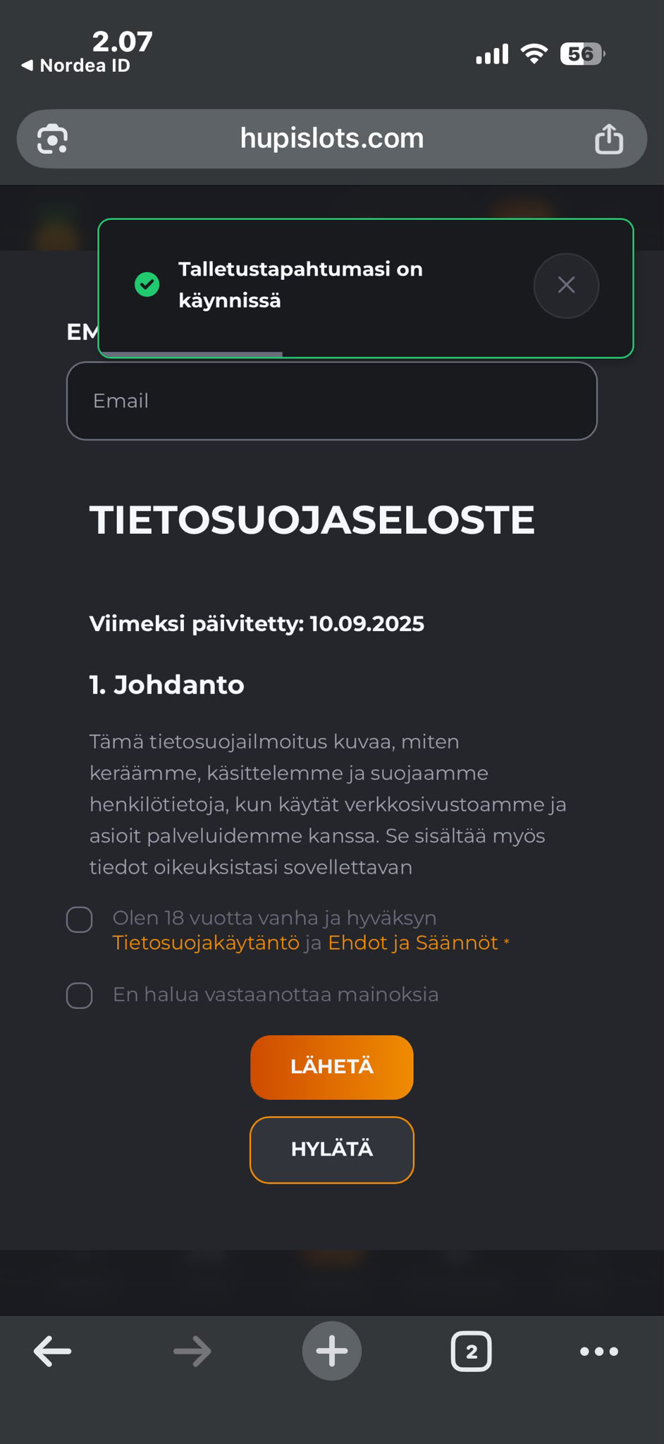 Talletus valmis ja rahat pelitilillä