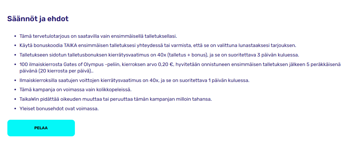 Tervetuliaisbonuksen ehdot