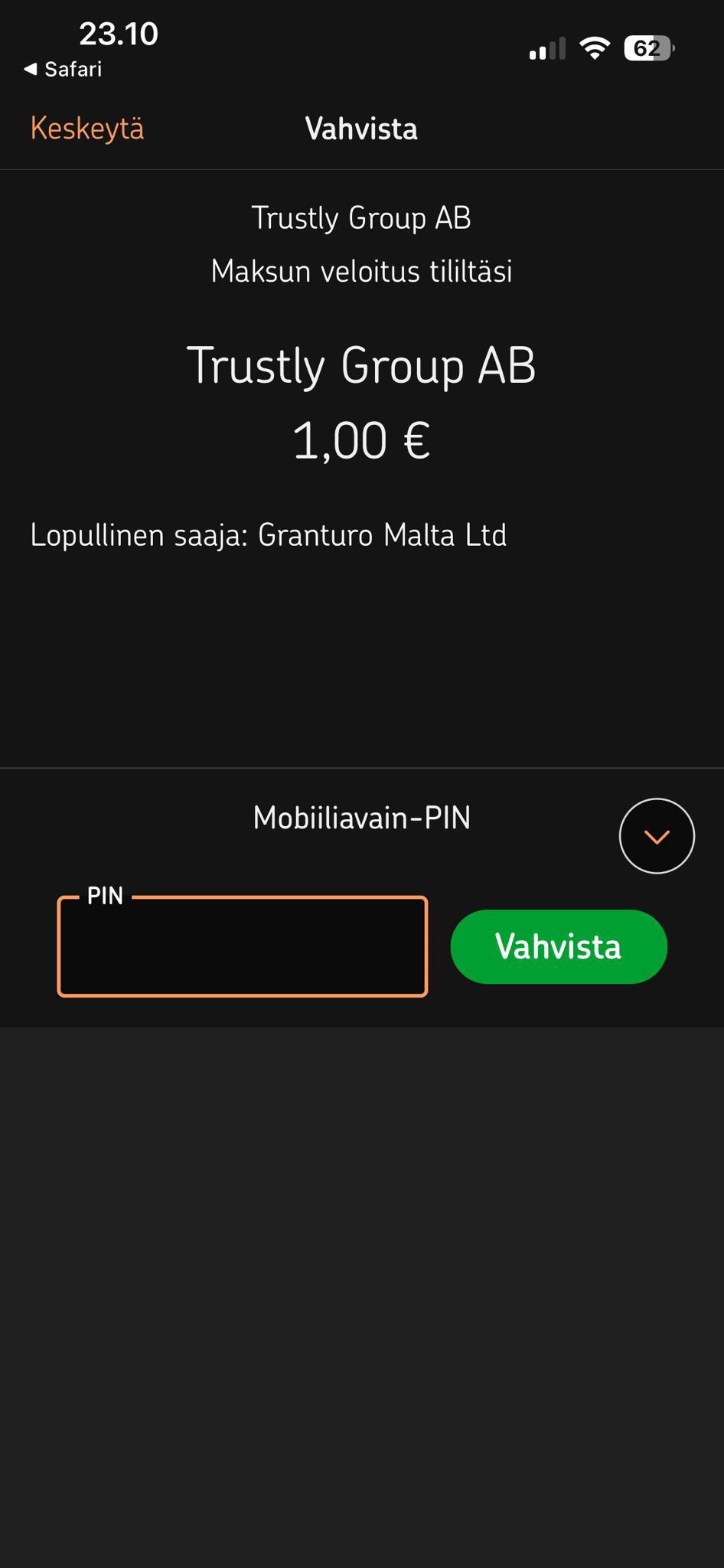 Trustly talletuksen vahvistus