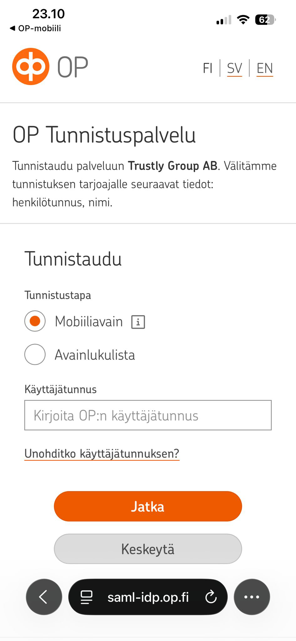 Trustly talletus OP tunnistuspalvelu