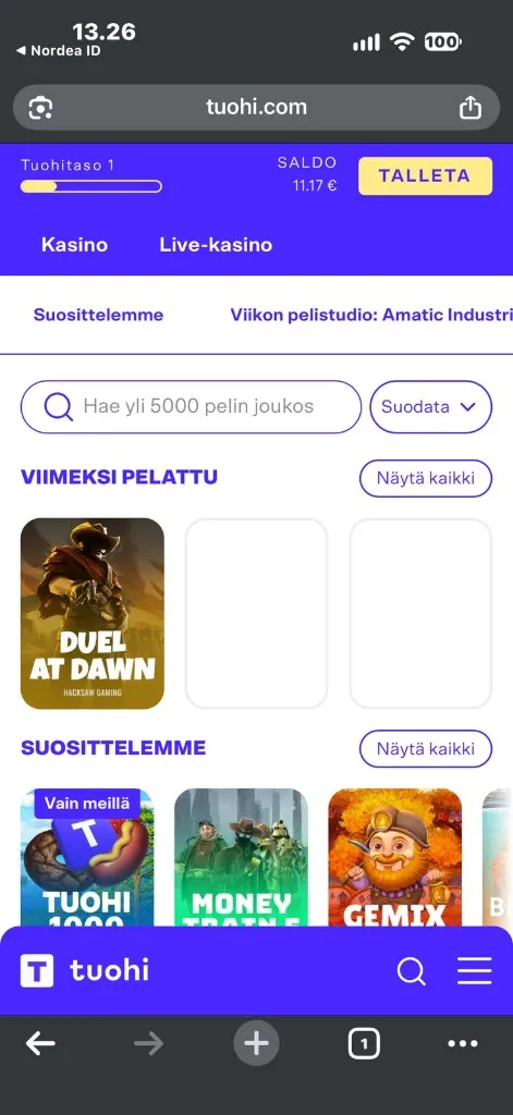 Tuohi Kasinon peliaula mobiilissa
