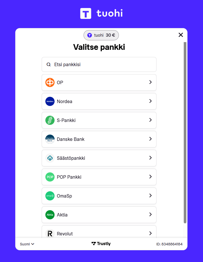 Tuohi Kasino 30 euron talletus Trustlylla, pankin valinta