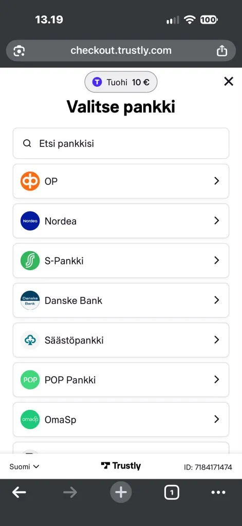 Pankin valinta Trustlyn ikkunassa