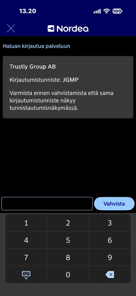 Nordean kirjautumistunniste Trustlylle