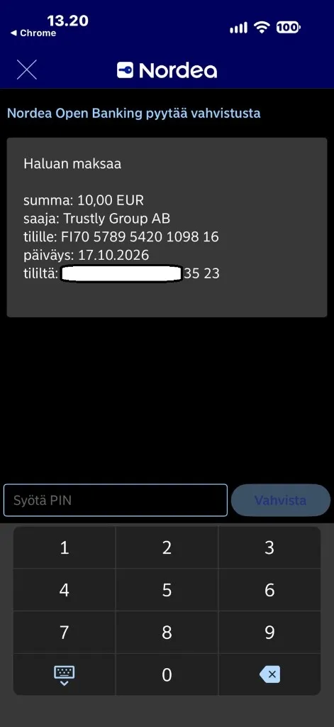 10 euron maksun vahvistus Nordeassa