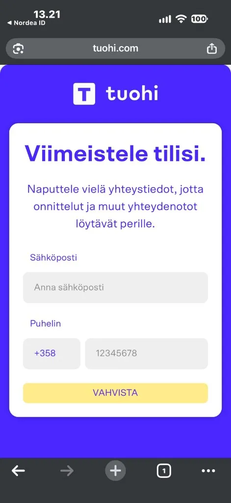 Tuohi Kasino pyytää sähköpostin ja puhelinnumeron