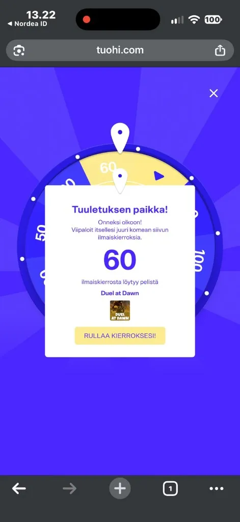 Tuohirullasta 60 ilmaiskierrosta Duel at Dawn -peliin