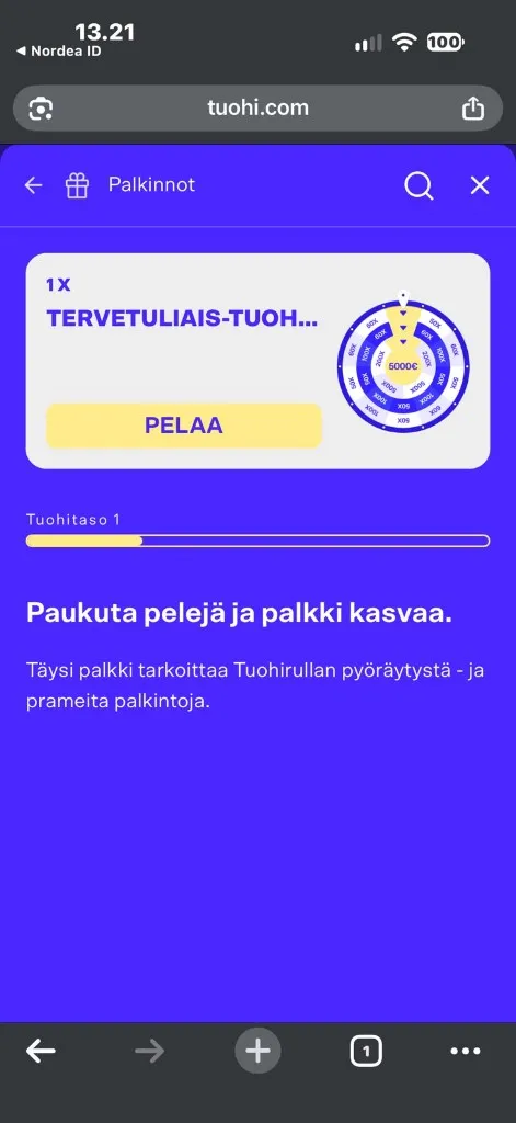 Tervetuliais-Tuohirulla Palkinnot-valikossa