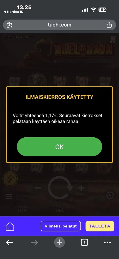 Tuohirullan ilmaiskierroksilla voitettiin 1,17 €