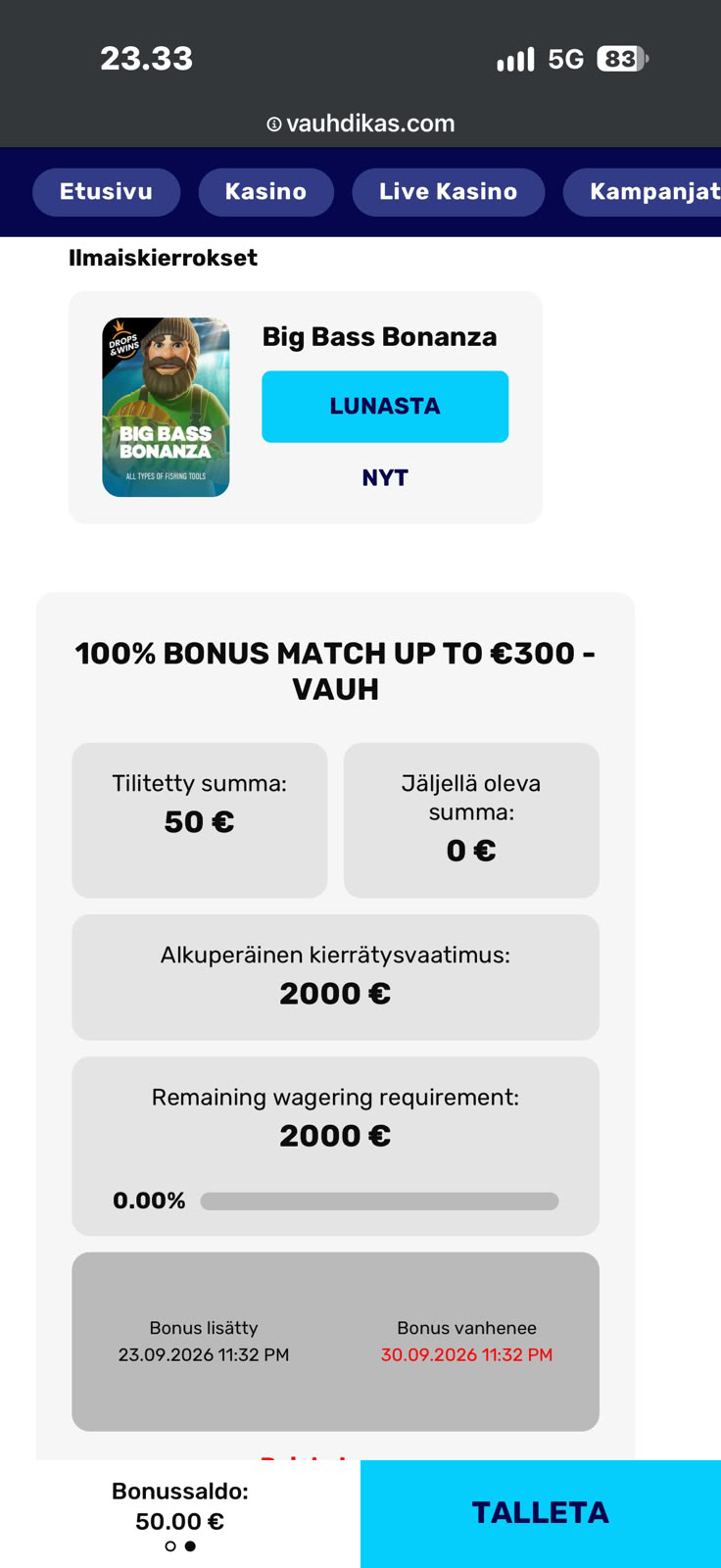 VAUH-bonus aktiivisena pelitilillä ja 2000 euron kierrätysvaatimus
