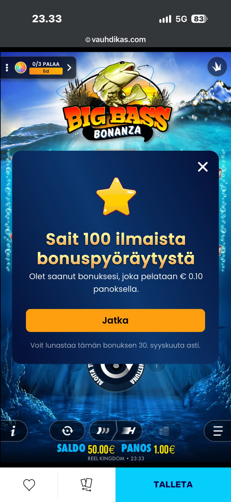 Ilmoitus 100 ilmaiskierroksesta Big Bass Bonanza -peliin