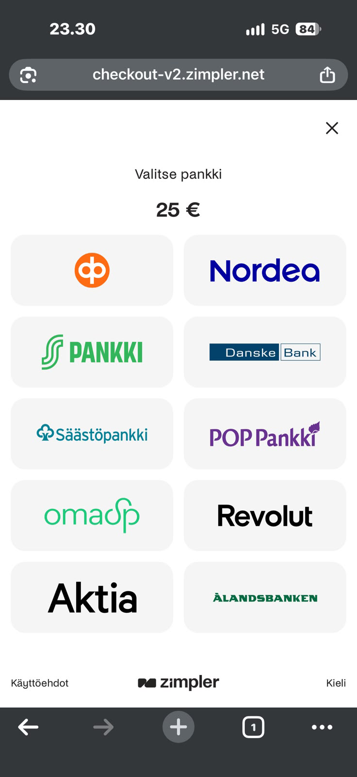 Zimplerin pankkivalinta 25 euron talletukselle